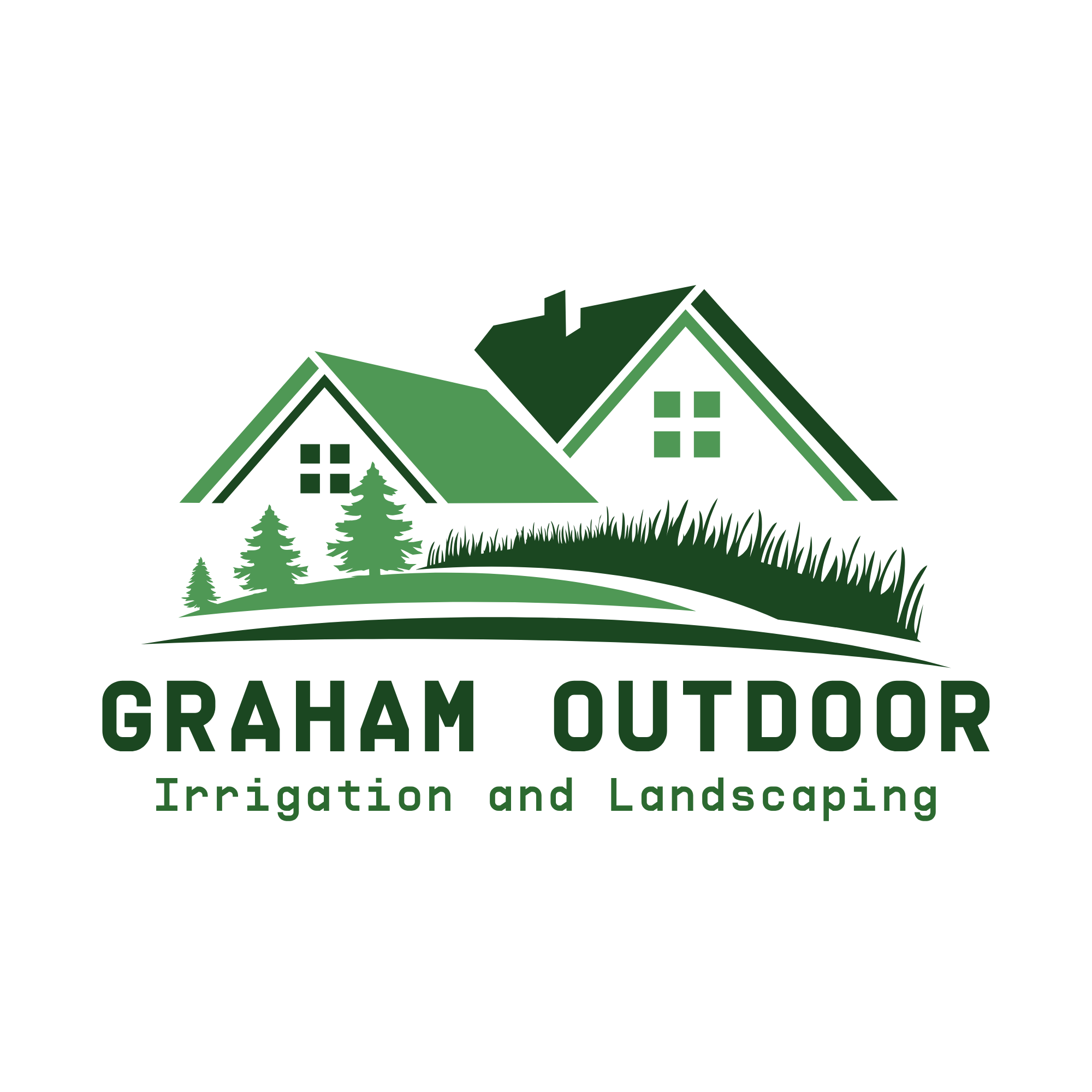 Graham Outdoor logo featuring a stylized house with a green roof, pine trees, and grass, with the text 'Graham Outdoor' and a tagline about irrigation and landscaping.