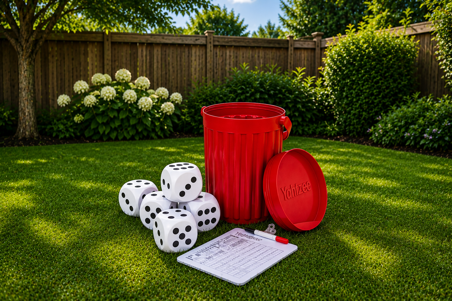 A yard with a wooden fence, green grass, flowering plants, and trees in the background. On the grass, there is a red trash can with a lid, five large white dice with black dots, a white notepad with a pen, and a small metal keychain tool.