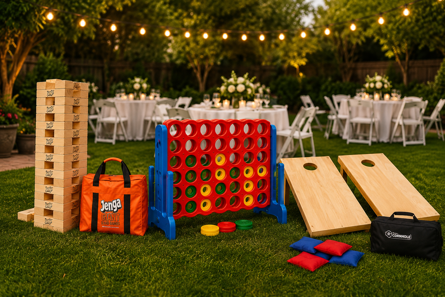 Outdoor backyard setup with string lights, decorated tables with candles, and various giant yard game equipment including Jenga, Connect Four, cornhole boards, and bean bags for a celebration or gathering.