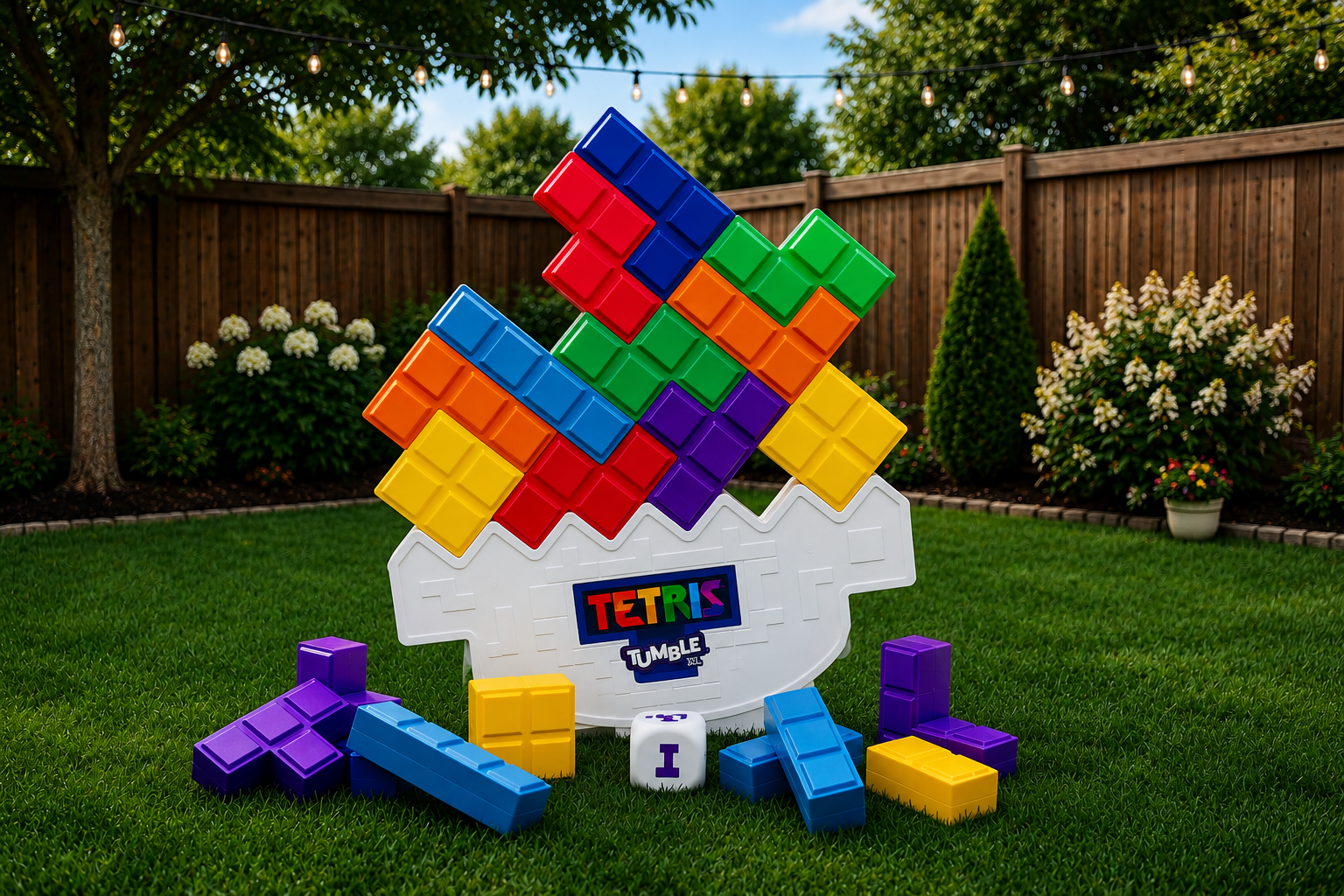 Colorful Tetris tumbling blocks game set up outdoors on a fresh green lawn, with a wooden fence, trees, and string lights in the background.