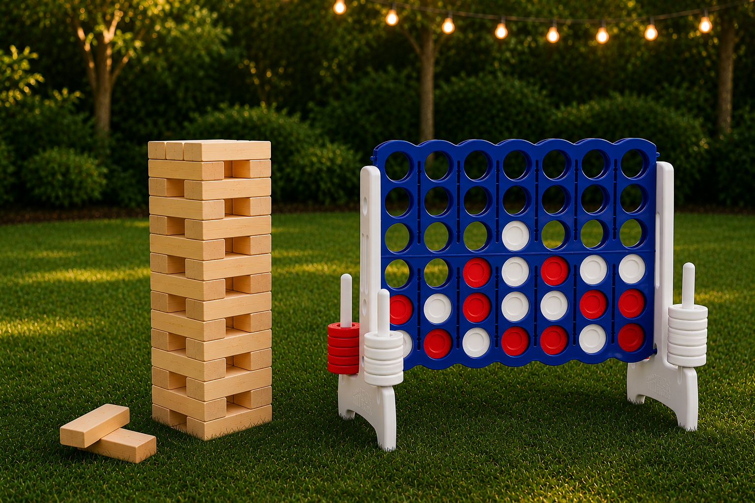 Outdoor giant Jenga game and Connect Four game set up on grass, with string lights and trees in the background.
