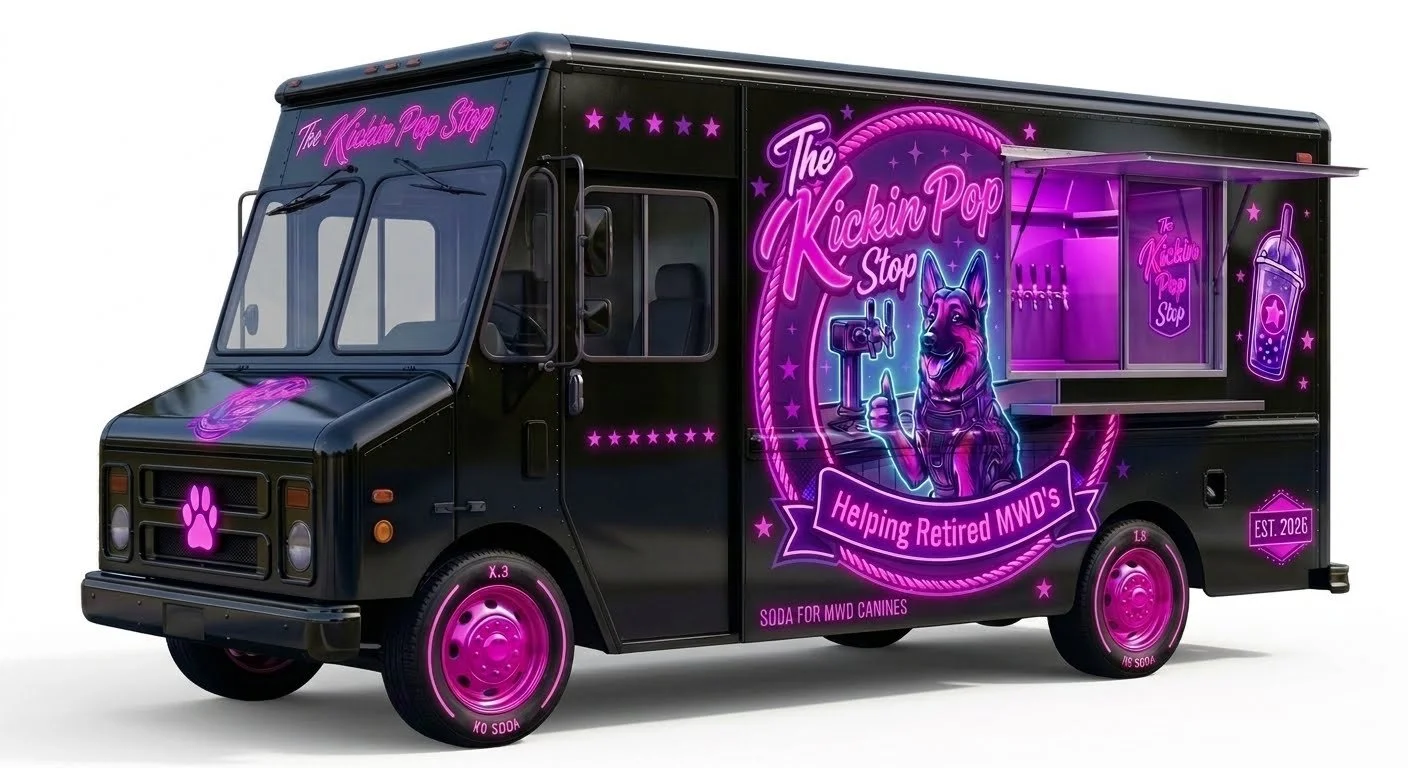 Black food truck decorated with pink neon graphics and text, featuring a dog with a tattoo and a soda vending theme, promoting assisting retired service dogs.