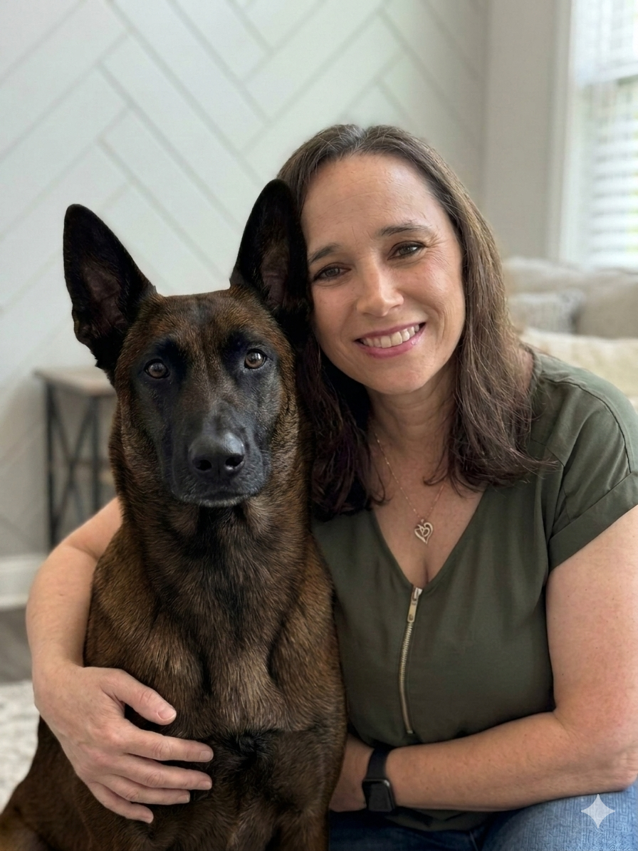 A woman with brown hair smiling and sitting next to a large, dark brown dog with pointed ears inside a bright room.