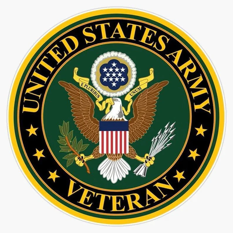 Seal of the United States Army Veteran, featuring an eagle with a shield, olive branch, and arrows, surrounded by a black and gold border with the text 'United States Army Veteran'.