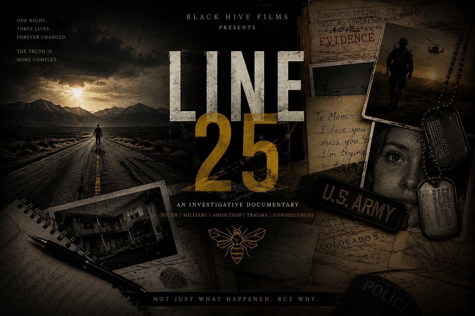 Official poster for the documentary Line 25, an investigative film exploring youth, military service, trauma, addiction, violent crime, and the lasting impact on victims and families.
