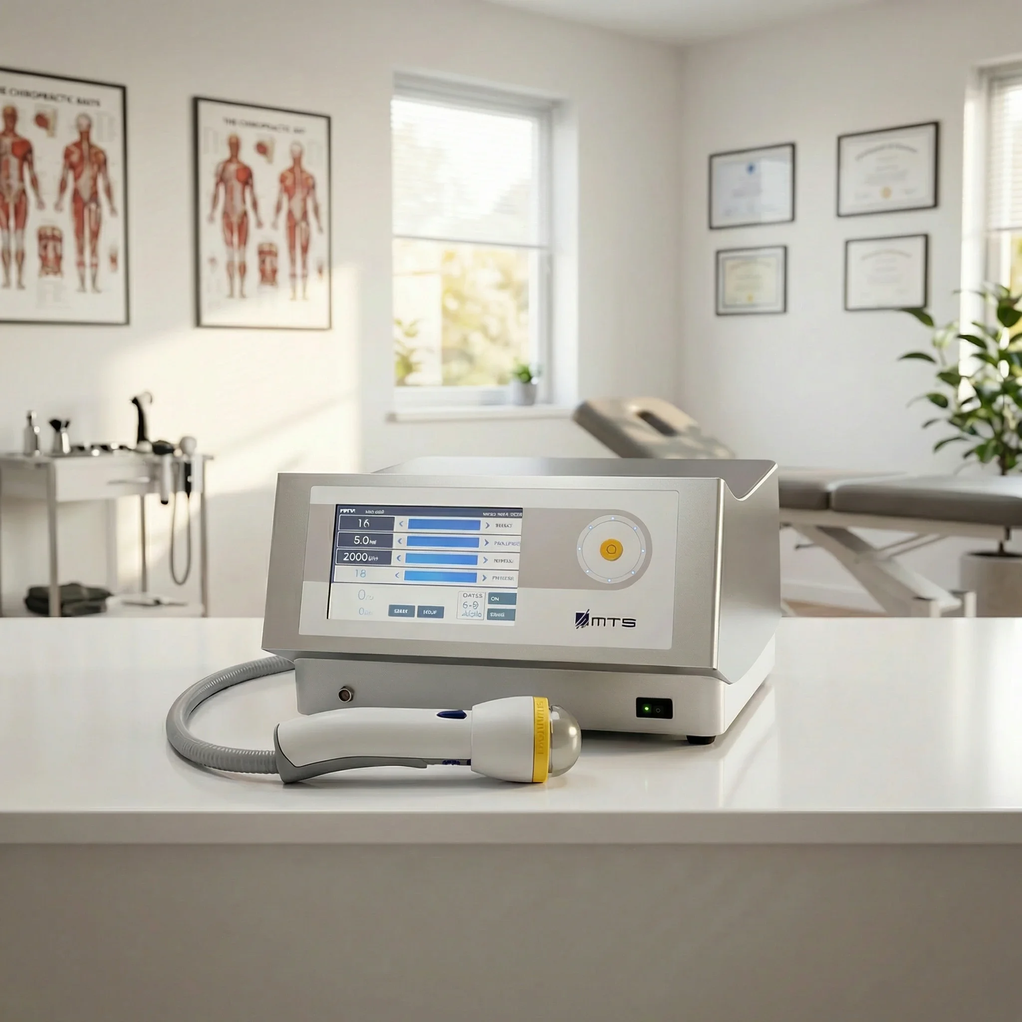 Medical device with a digital touchscreen display showing settings, placed on a white countertop in a bright room with framed certificates and anatomical posters on the walls.