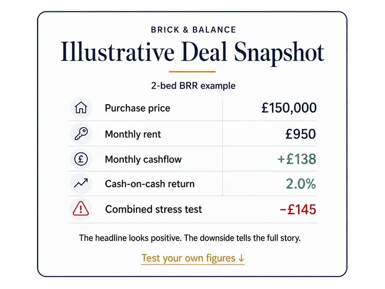 Illustrative BRR deal snapshot: £150,000 purchase price, £950 monthly rent, £138 monthly cashflow, 2.0% cash-on-cash return and a negative £145 combined stress-test result.