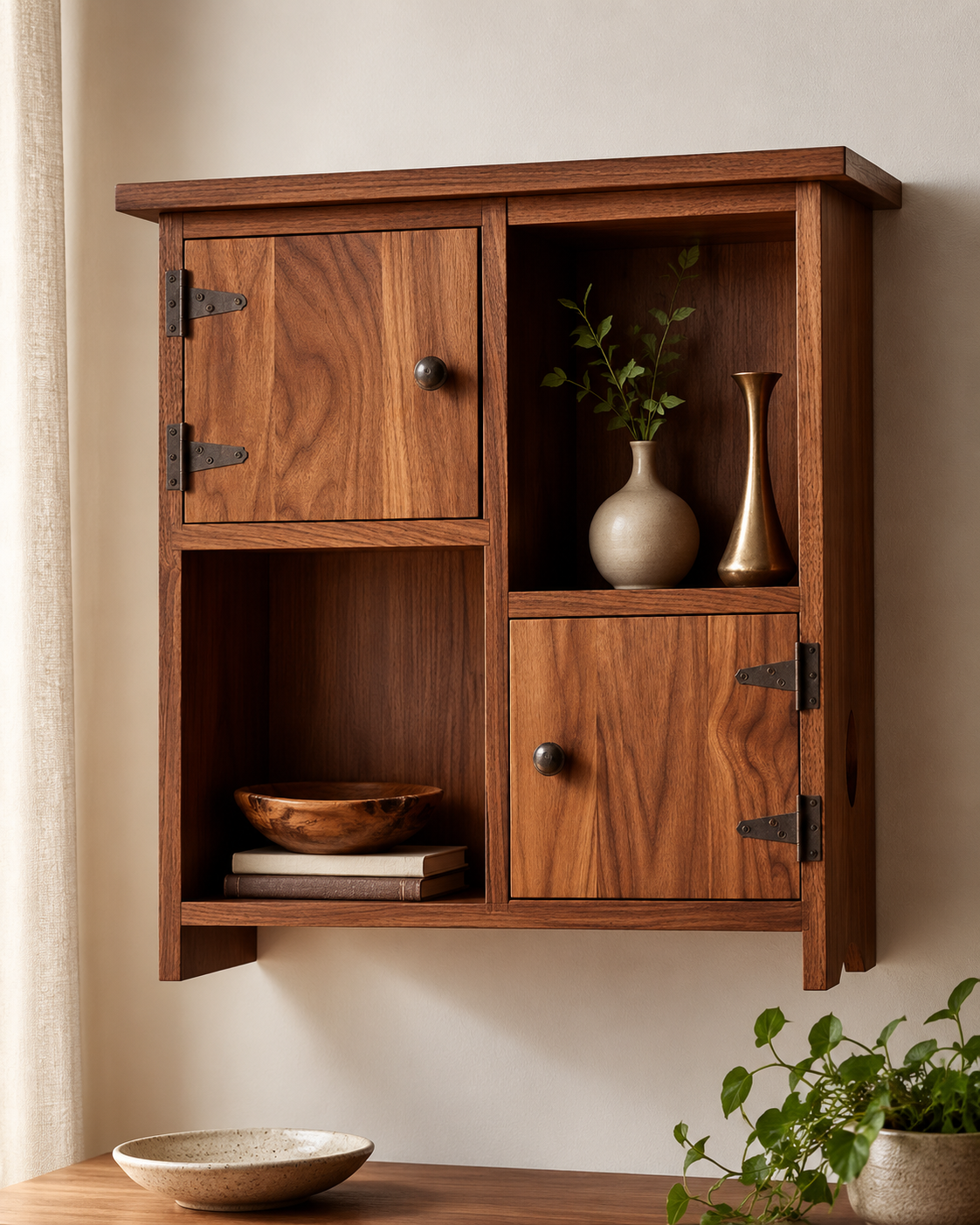 A wooden wall-mounted cabinet with four compartments, two with doors and two open, decorated with a ceramic vase with green foliage, a tall gold vase, a wooden bowl, and three books.