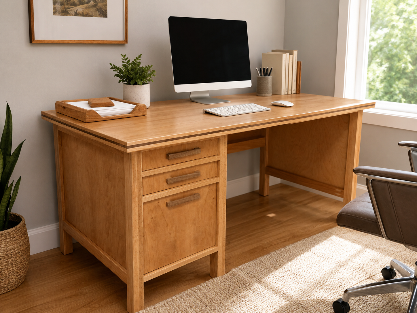 Wooden desk with a computer monitor, keyboard, and mouse, next to a window with trees outside, a potted plant, books, and office supplies on the desk, and a light-colored rug on hardwood floor.