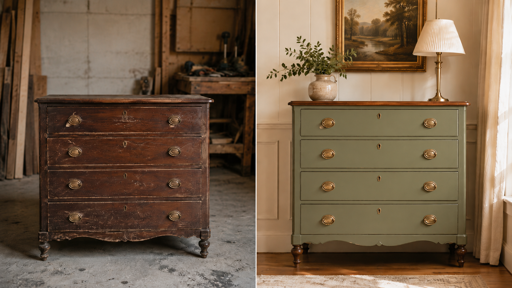 Side-by-side comparison of two dressers; the left is old, dark wood with a worn finish and metal drawer pulls, set against a workshop background, and the right is a painted, restored dresser in soft green with brass handles, decorated with a vase of greenery, a lamp, a landscape painting, and curtains in a cozy, well-lit room.
