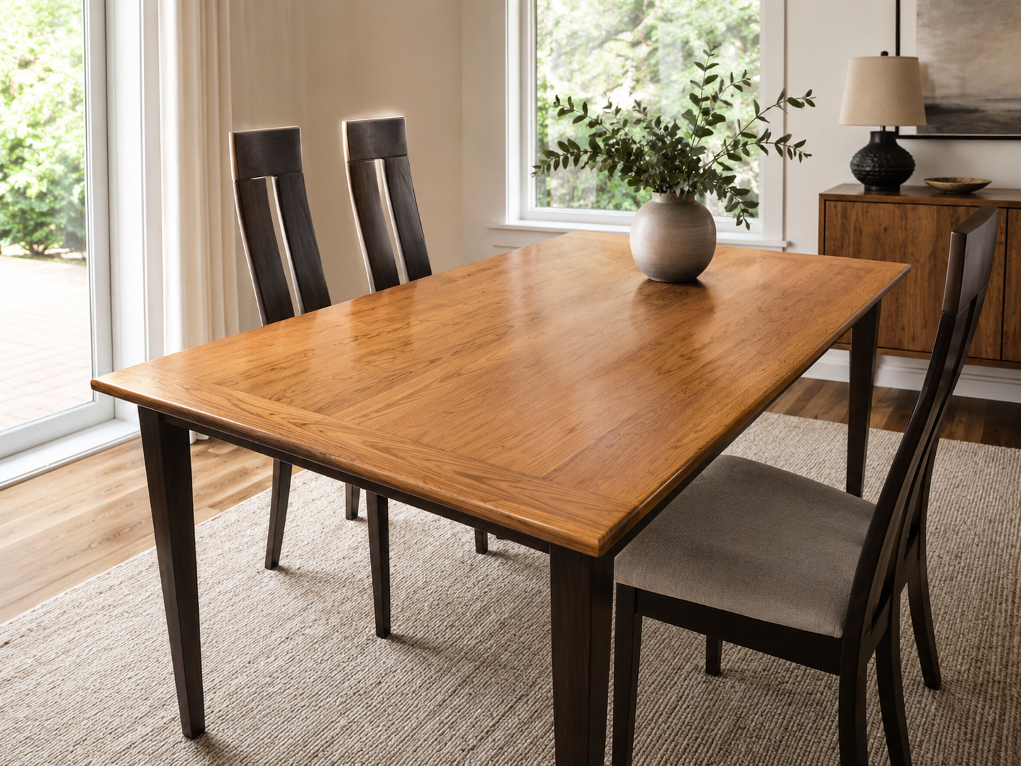A wooden dining table with black chairs, a gray vase with branches, a sideboard with a lamp, and a window with greenery outside.
