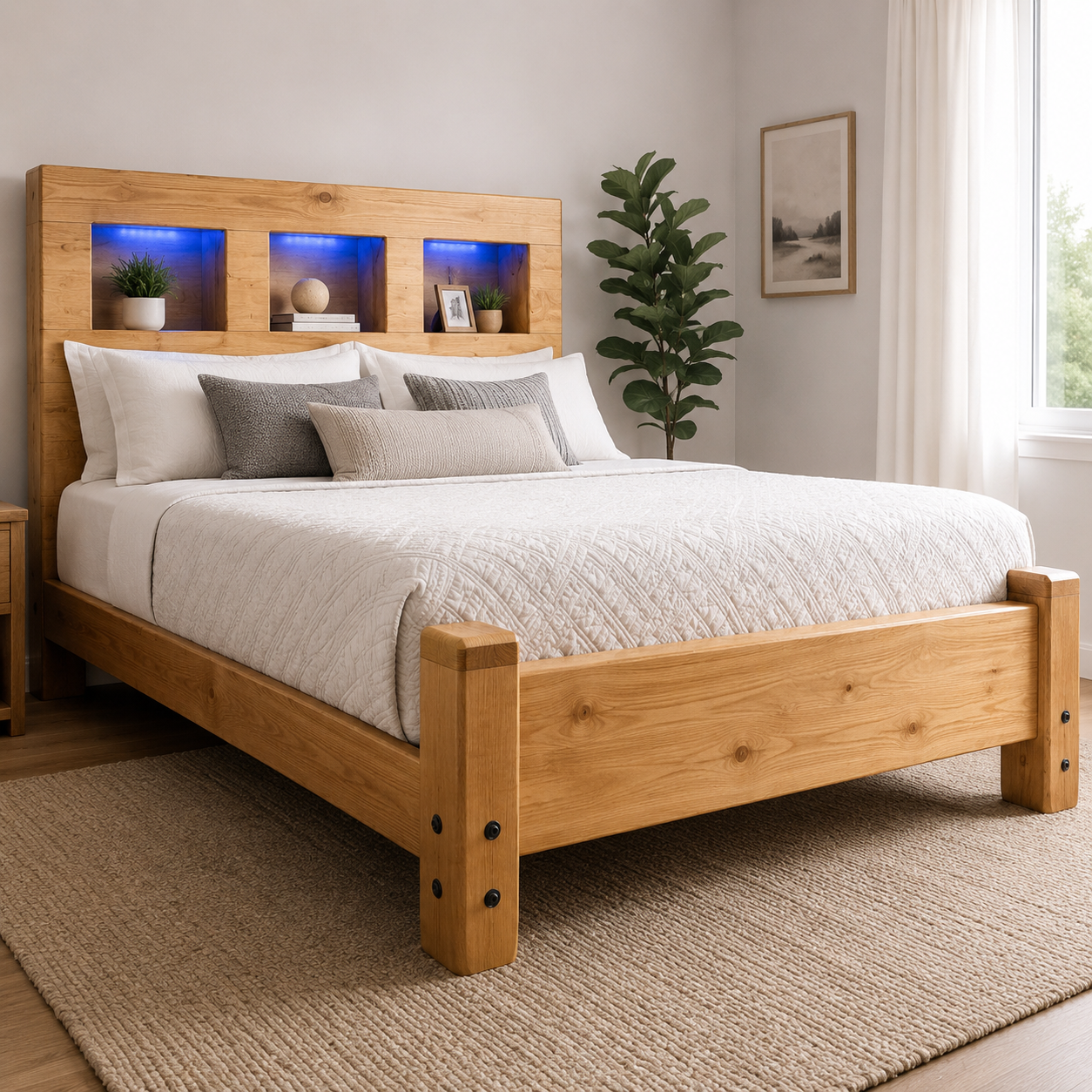 A bedroom with a wooden bed frame, white bedding, and decorative pillows. There is a large plant, a framed picture, and a window with curtains in the background.