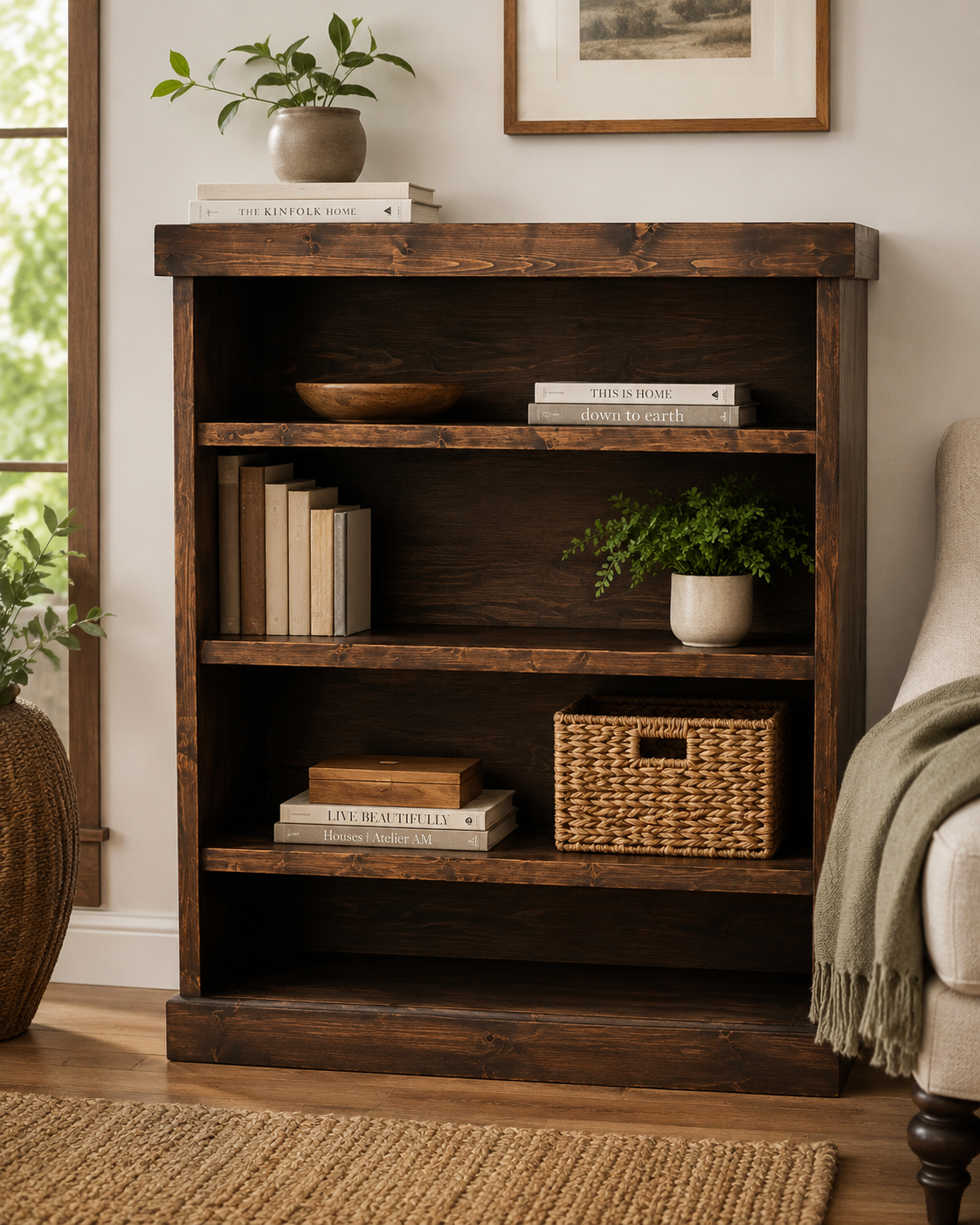 Dark wooden bookshelf with decorative items, books, and greenery, next to a beige armchair with a gray throw blanket.