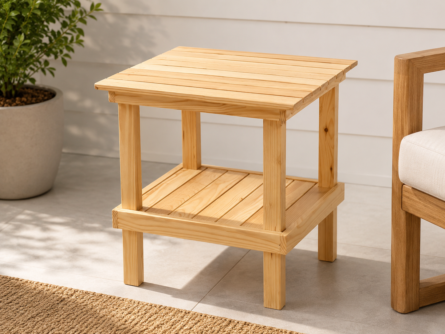 A two-tier wooden side table with slatted surfaces, situated next to an armchair with a white cushion and a large potted plant on a patio or porch area.