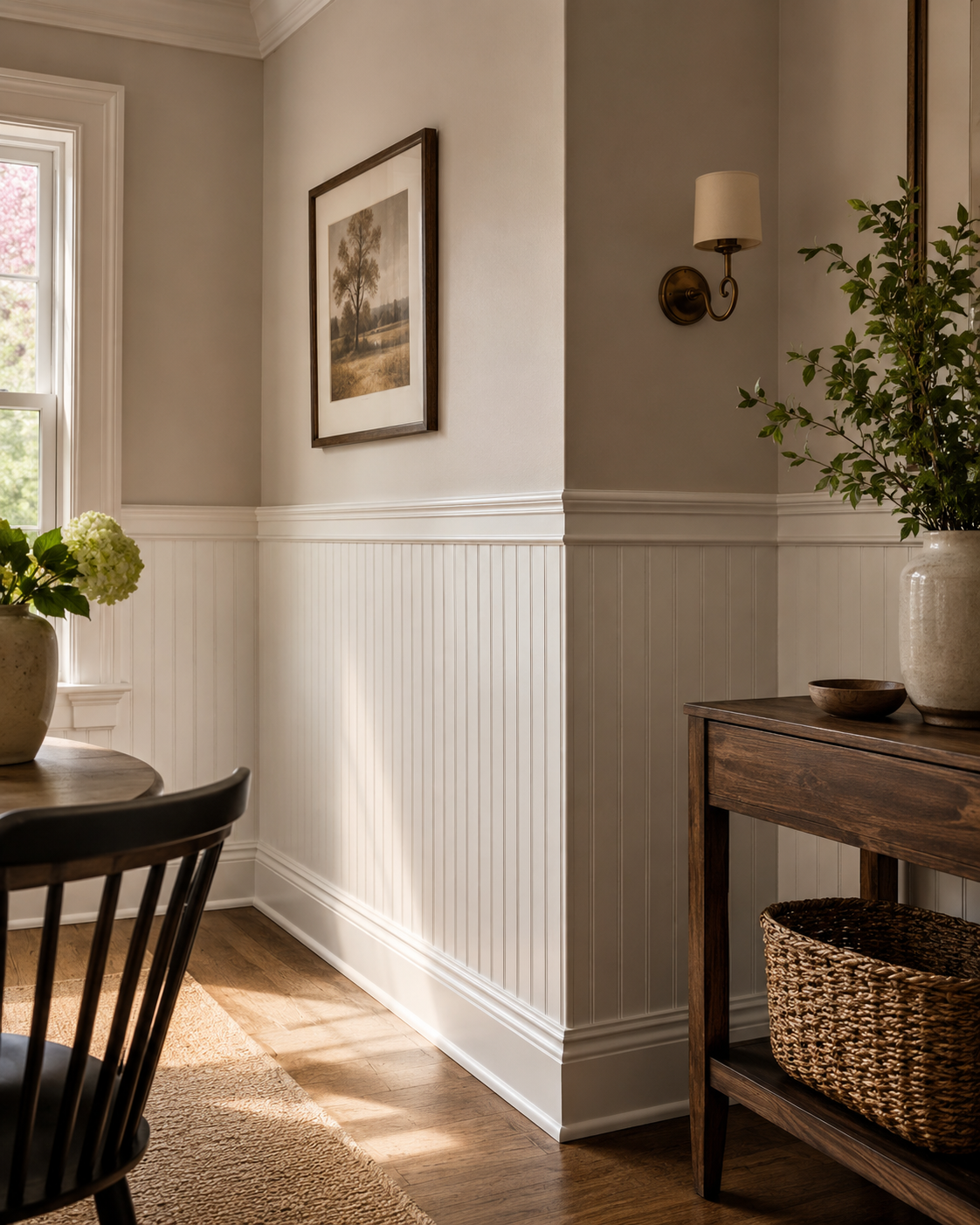 A corner of a dining room with a wooden table and a black chair, a window with sunlight, a framed landscape painting, wall sconce, potted plant, and a wooden console table with basket and bowl.