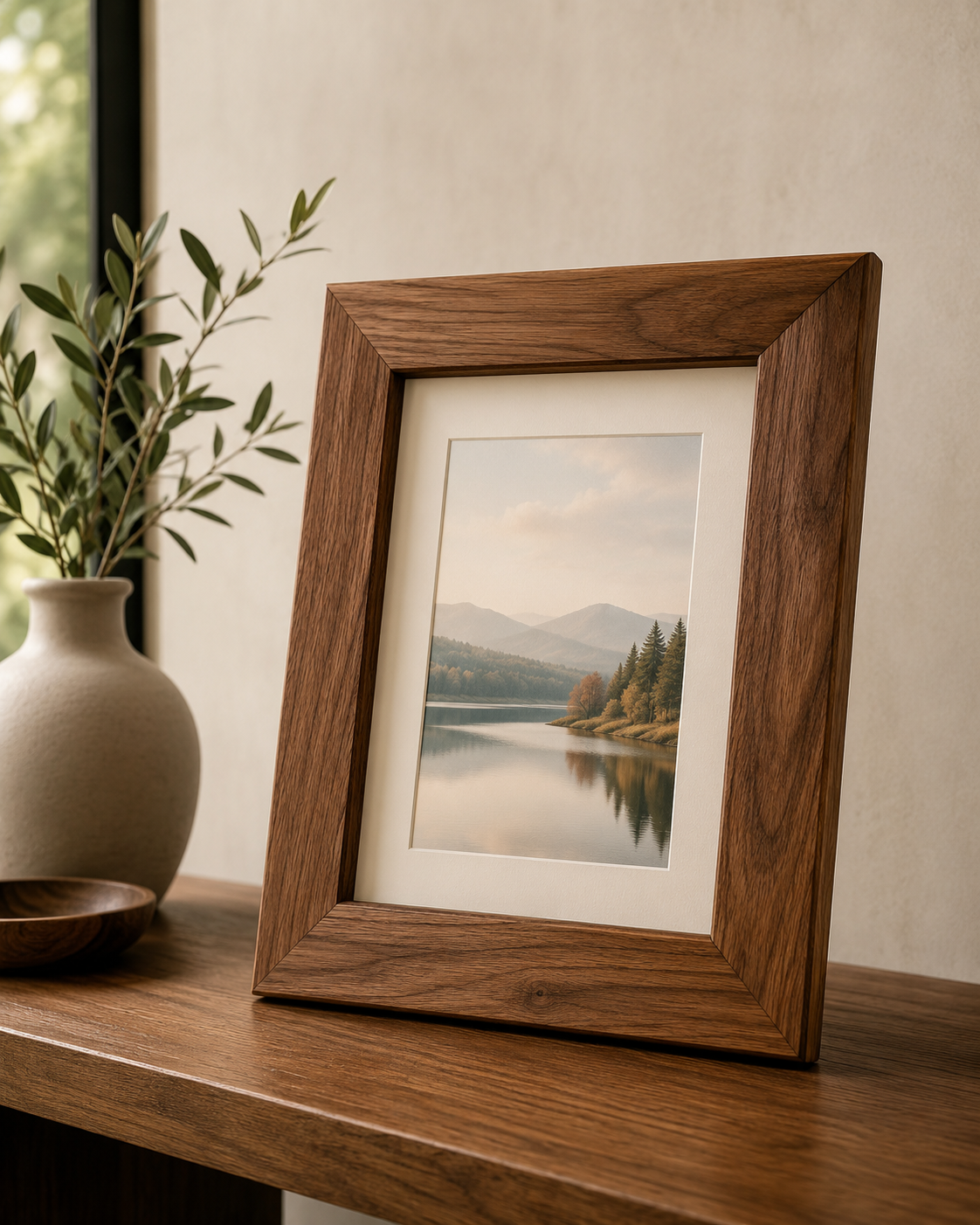 Wooden picture frame with landscape photo of a lake, trees, and mountains placed on a wooden surface with a vase of greenery nearby.