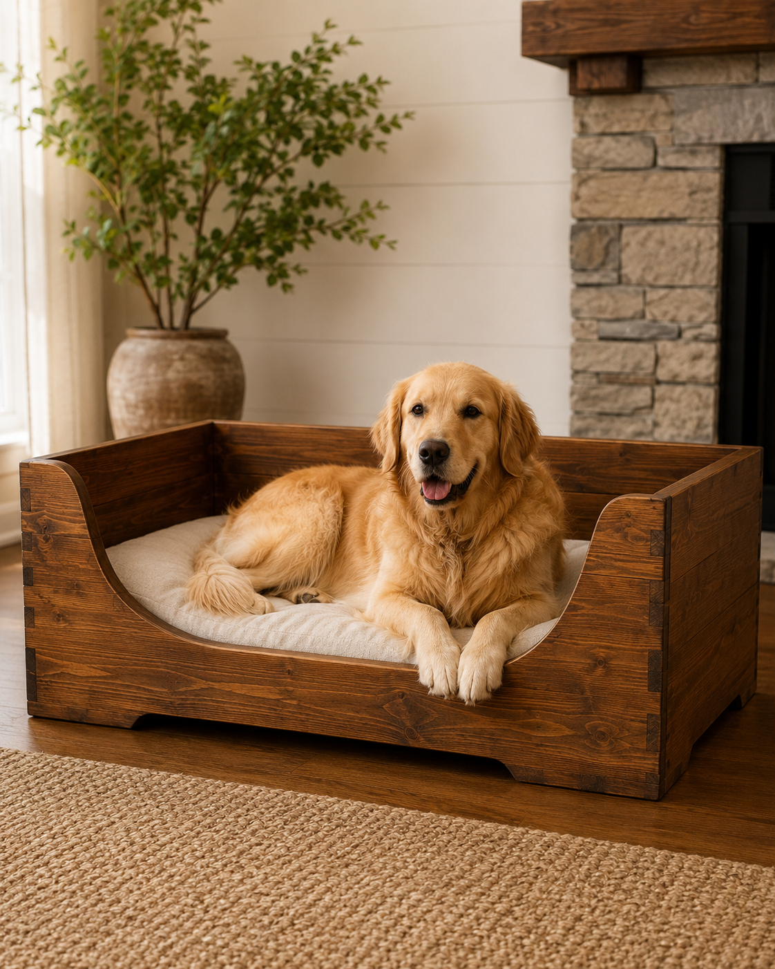 A golden retriever dog lying on a beige cushion inside a wooden pet bed, in a living room with a potted plant and a stone fireplace.
