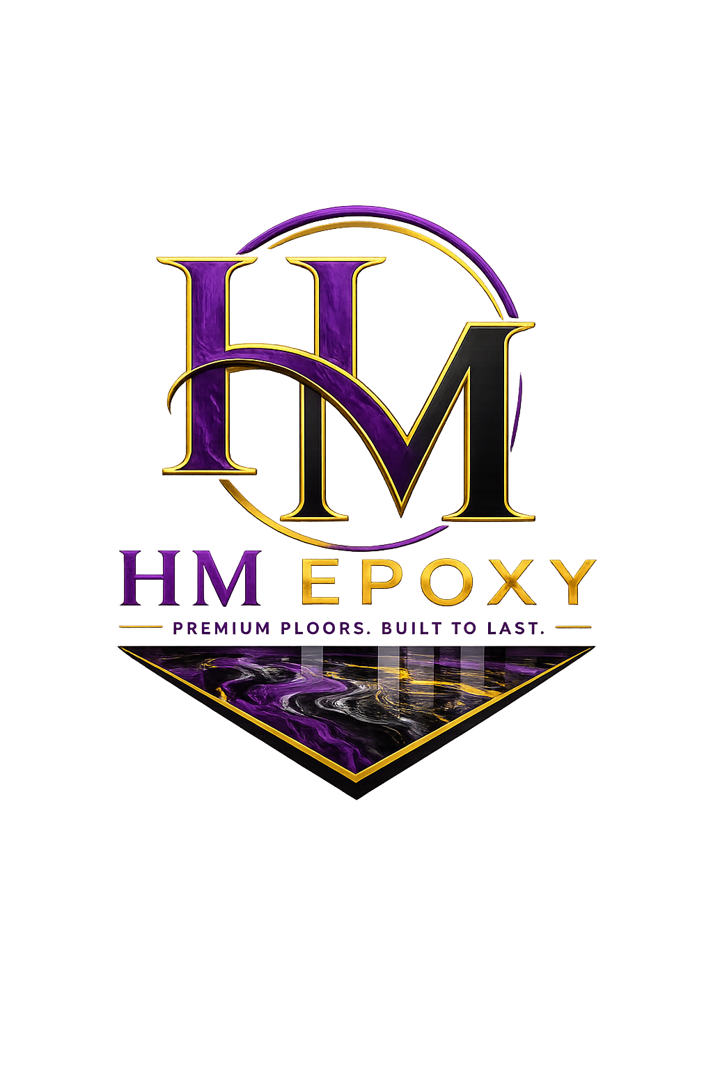Logo for HM Epoxy featuring large gold and purple initials 'HM' with a background of purple, black, and gold, and text indicating 'Premium Floors Built to Last'.