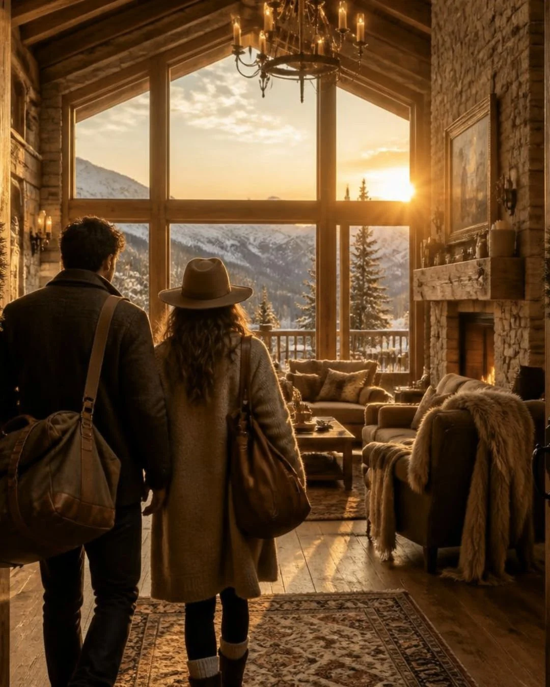 A man and woman stand inside a cozy mountain cabin, gazing out large front windows at snow-covered mountains during sunset, with warm interior lighting and rustic decor.