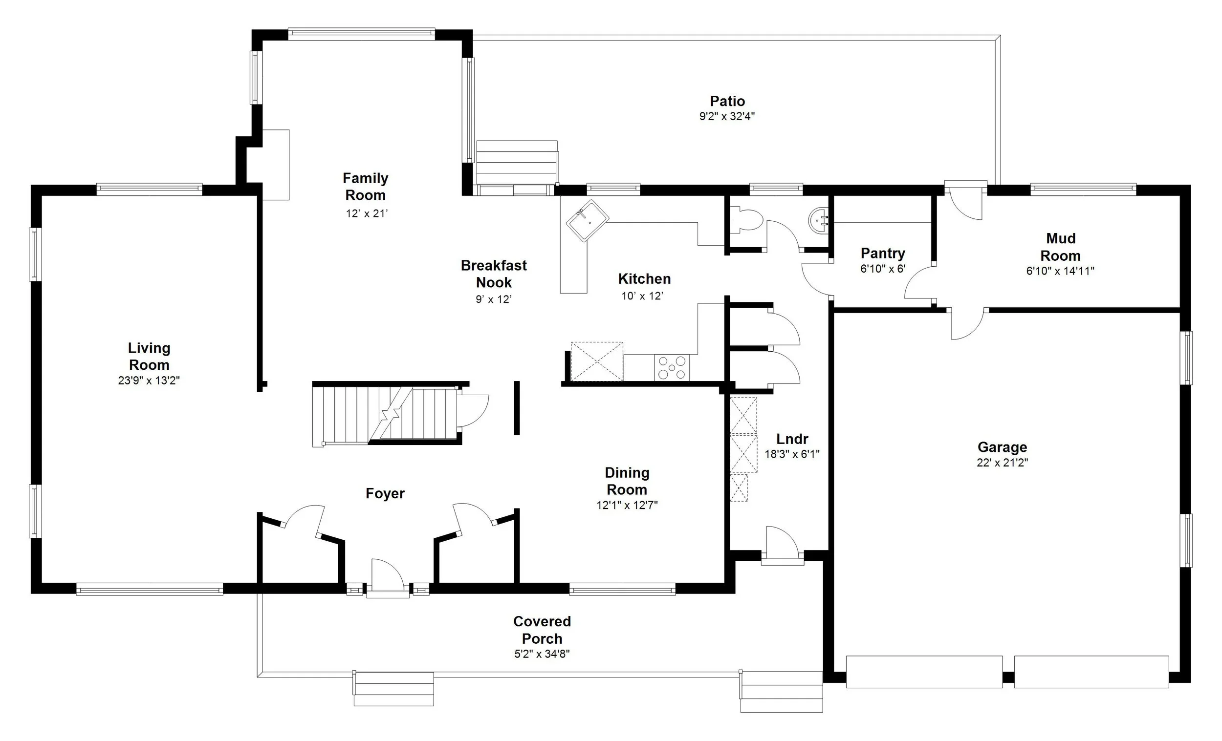 Floor plan of a house with labeled rooms including living room, foyer, dining room, kitchen, family room, patio, mud room, garage, and outdoor porch.