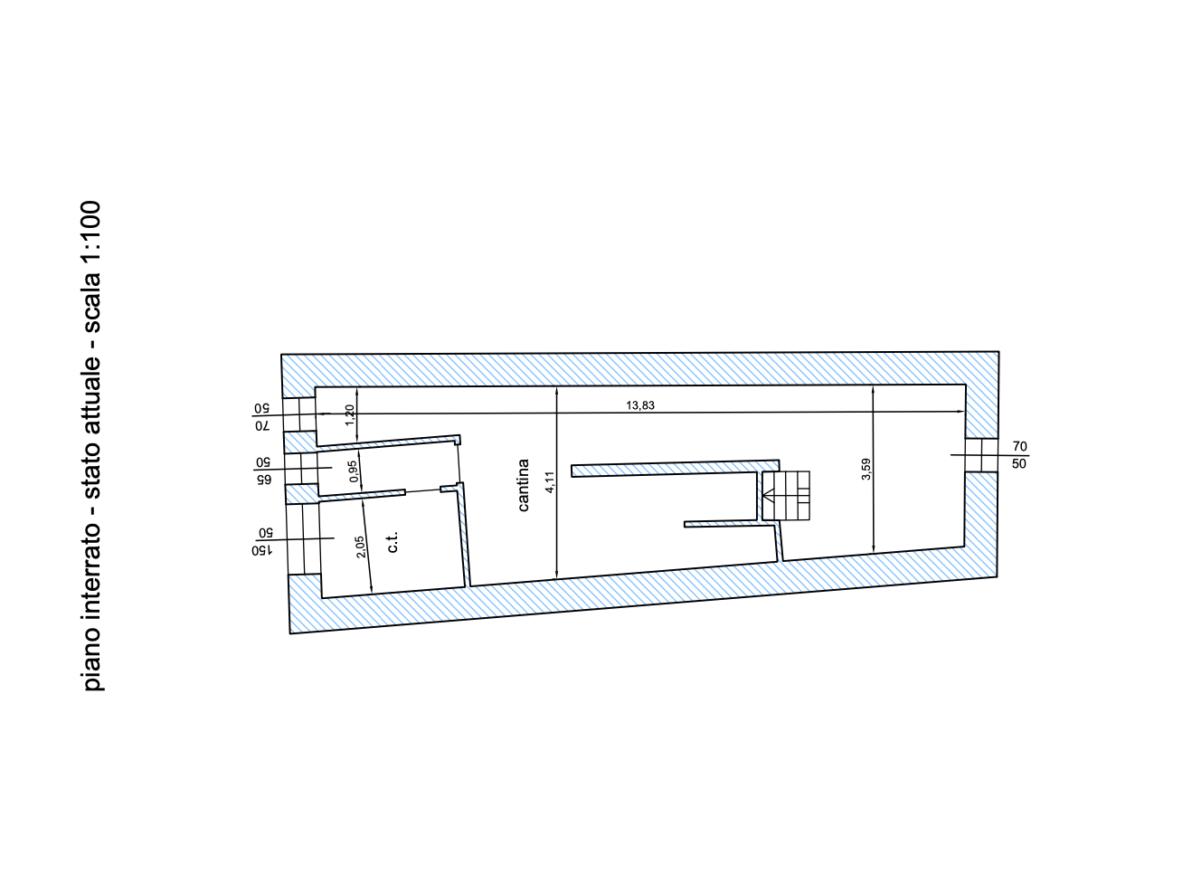 Floor plan of a basement, showing rooms, dimensions, stairs, and walls, with blue shaded areas indicating boundaries or walls.
