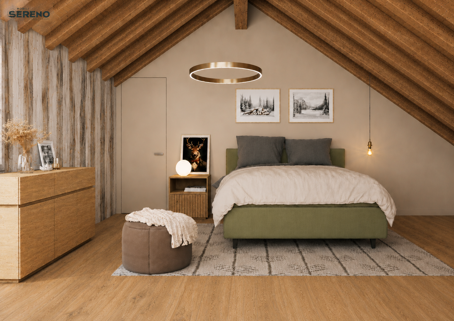 Cozy bedroom with sloped wooden ceiling, green bed frame, and gray bedding. Decor includes framed black and white landscape art, a modern ring ceiling light, pendant light, and a nightstand with a lamp and framed deer photo. Wooden dresser with dried