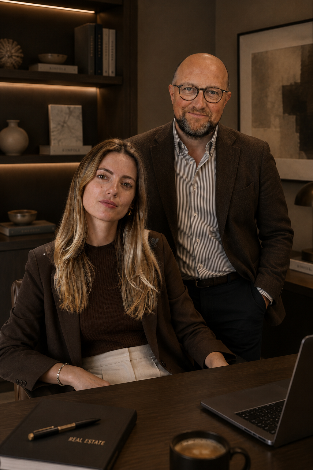 A man and a woman in business attire in a modern, minimally decorated office space. The woman is seated at a desk with a laptop, a notebook labeled 'Real Estate,' and a coffee mug in front of her. The man is standing behind her with his hand in his pocket, both looking at the camera.