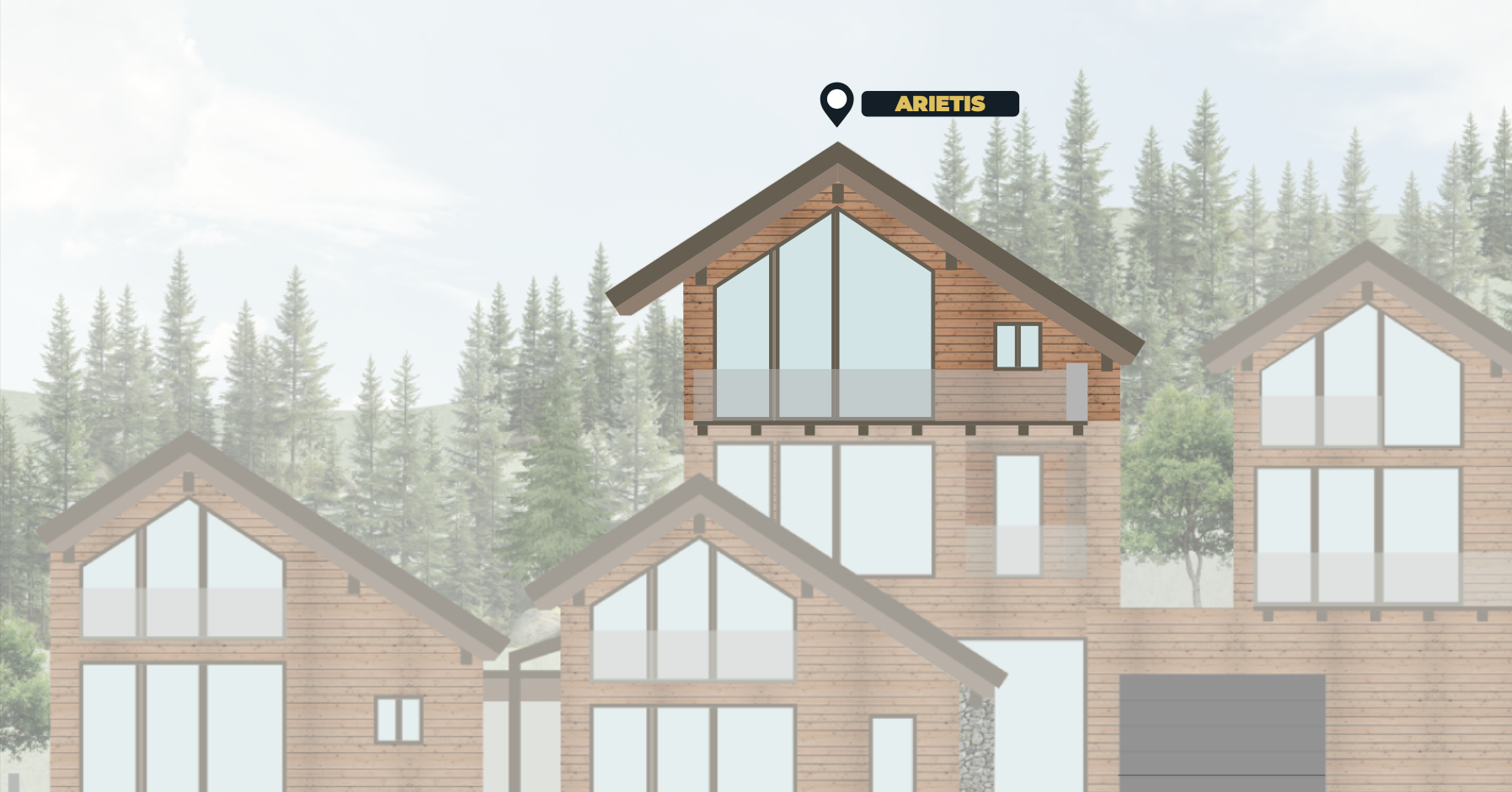 Architectural illustration of modern wooden houses with large glass windows and sloped roofs in a forest setting.