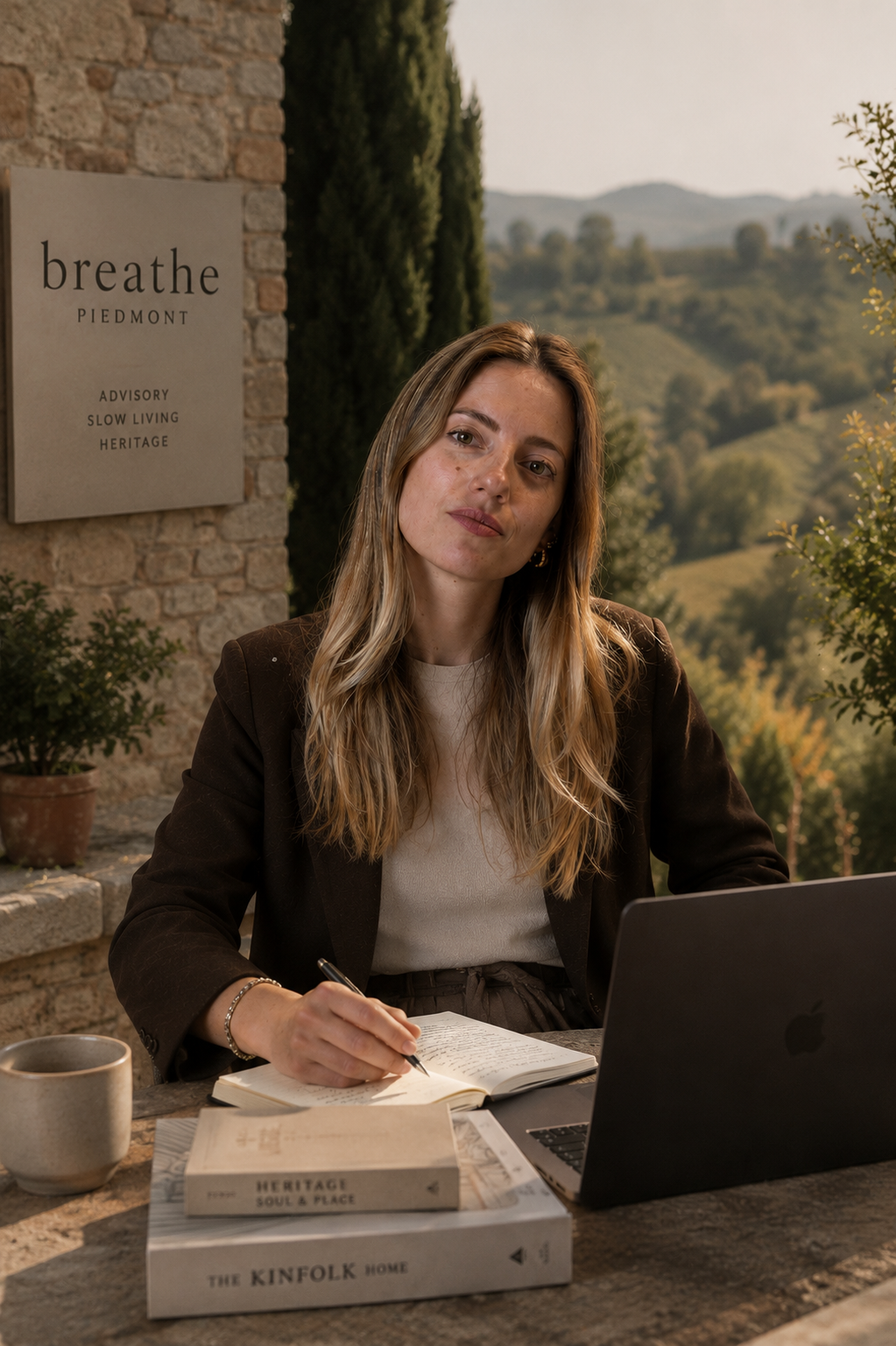 A woman with long blonde hair sitting at a stone table outdoors with a laptop, notebooks, a cup, and books, with rolling hills and greenery in the background.