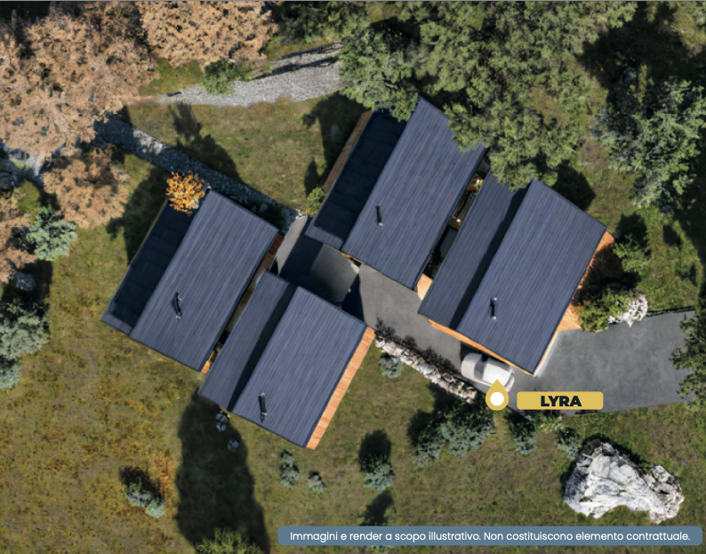 Aerial view of a modern residential property with multiple connected buildings surrounded by trees and a driveway with parked cars. Label indicating 'Lyra' near the entrance.