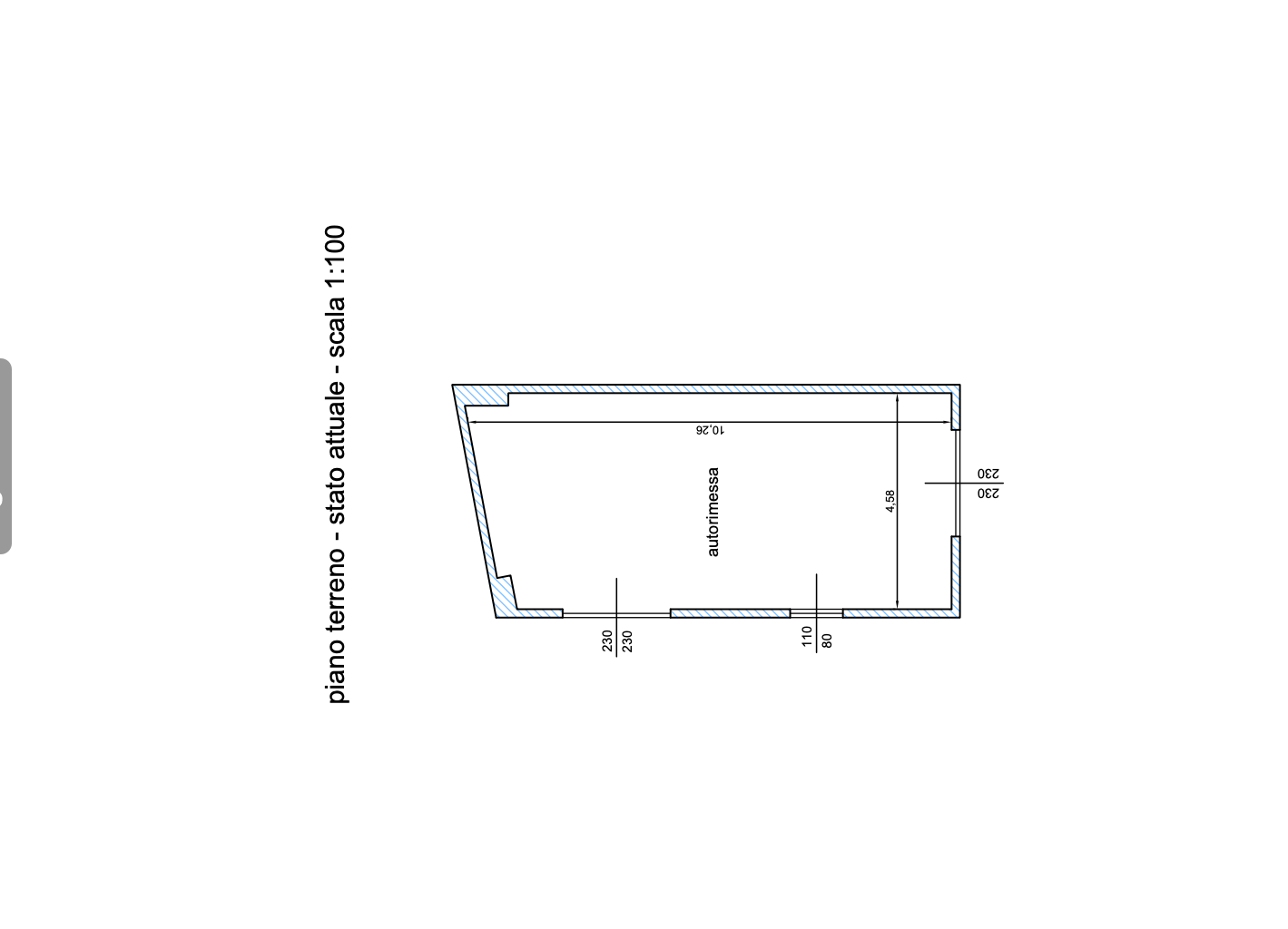 Architectural floor plan of a garage with dimensions and annotations, labeled 'piano terreno - stato attuale - scala 1:100'.