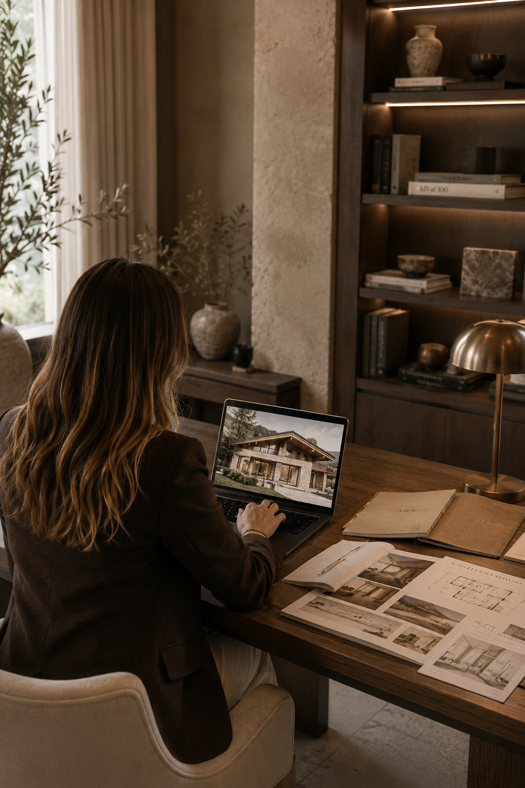 woman working at pc with a house project to create markeing campaigns