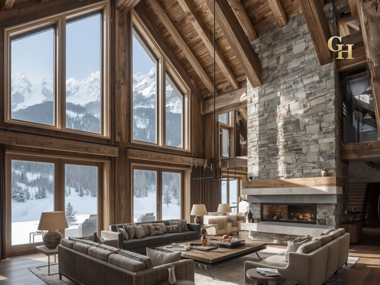 Luxury living room with large floor-to-ceiling windows showing snowy mountain landscape, stone fireplace, wooden beams, and modern furniture.