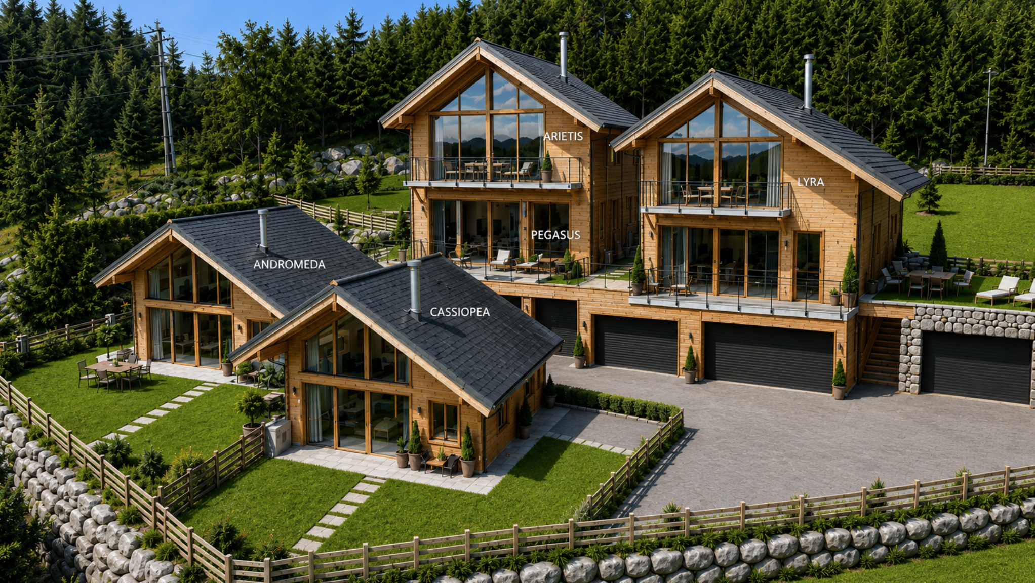 Aerial view of a modern wooden house complex with multiple units, labeled with names like Andromeda, Pegasus, Aries, Lyra, and Cassiopeia. The homes have large windows, balconies, and outdoor seating areas, surrounded by green lawns, trees, and a for