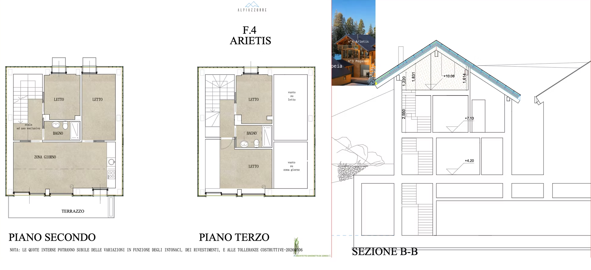 Architectural floor plan of a multi-story house with labeled rooms and sections, including second and third-floor plans, and a partial exterior elevation view on the right side.