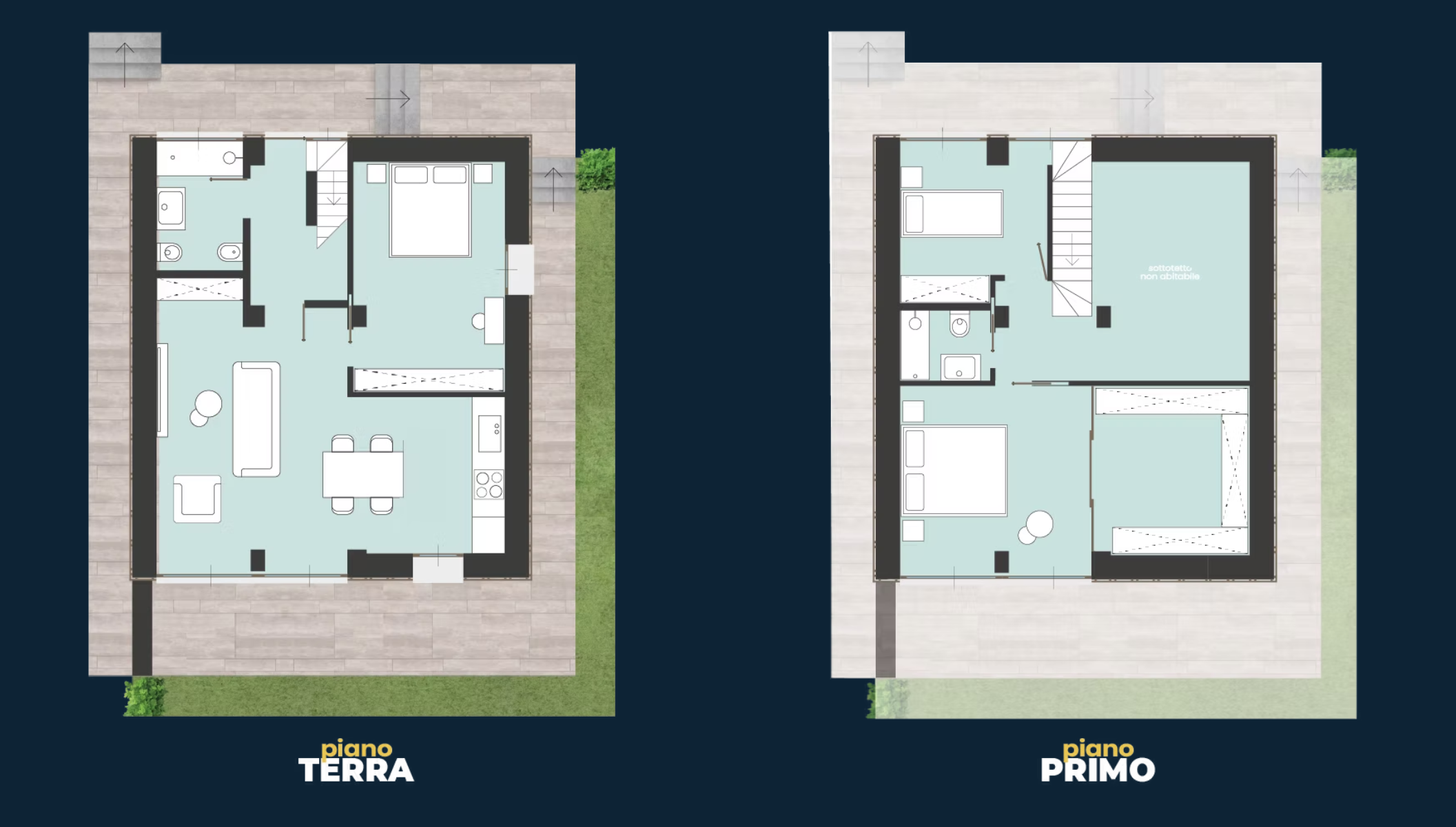 Floor plans of a two-story house showing ground floor and first floor layout with rooms such as living room, kitchen, bedrooms, and bathrooms. Label in Italian: 'piano TERRA' for ground floor, and 'piano PRIMO' for first floor.