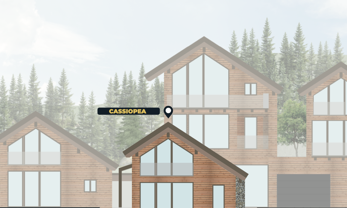 A digital map showing a cluster of modern wooden houses with large glass windows, set against a background of trees and sky, with a label pointing to one house labeled 'CASSIOPEA'.