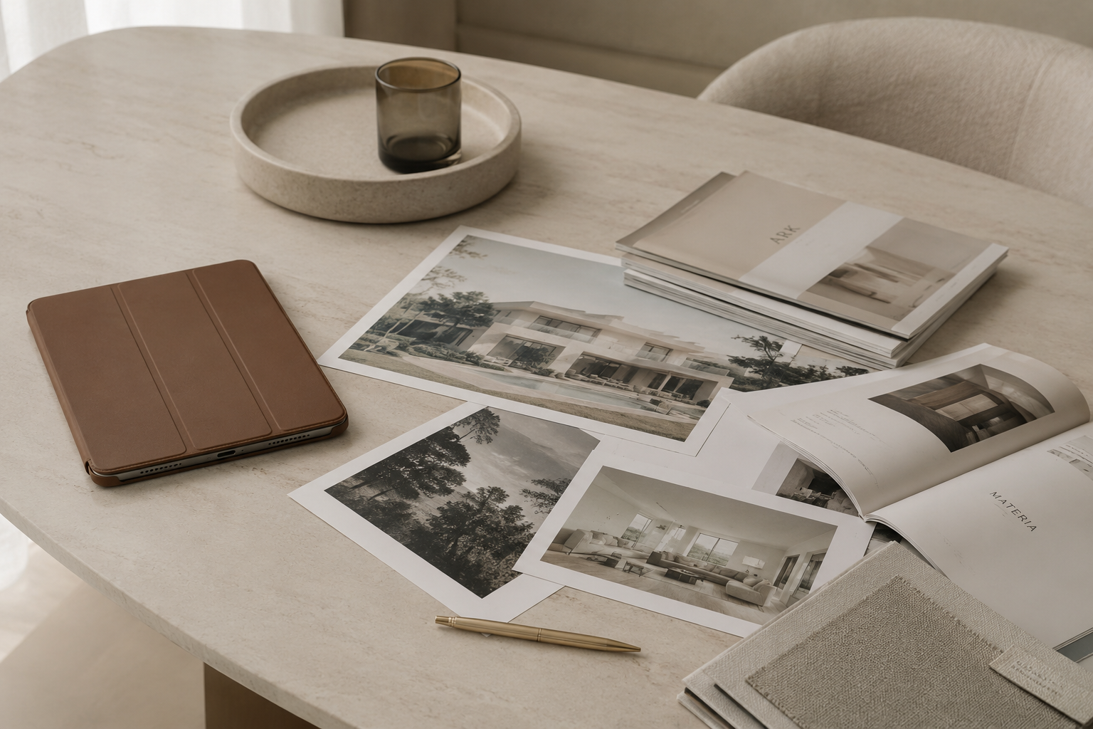 desk of a real estate agency with photos, catalogues and a tablet