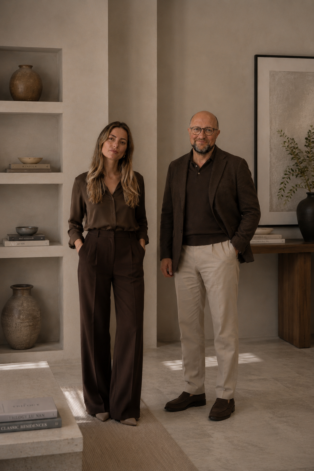 A woman and a man standing inside a modern, neutral-toned room with minimalist decor. The woman has long wavy hair and is wearing a brown satin blouse and matching high-waisted pants. The man has a trimmed beard, glasses, and is dressed in a dark blazer, black shirt, and light-colored pants.