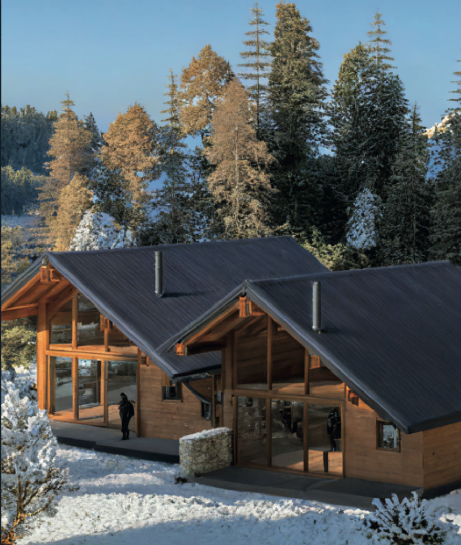A wooden house with a black metal roof in a snowy landscape surrounded by tall evergreen trees.