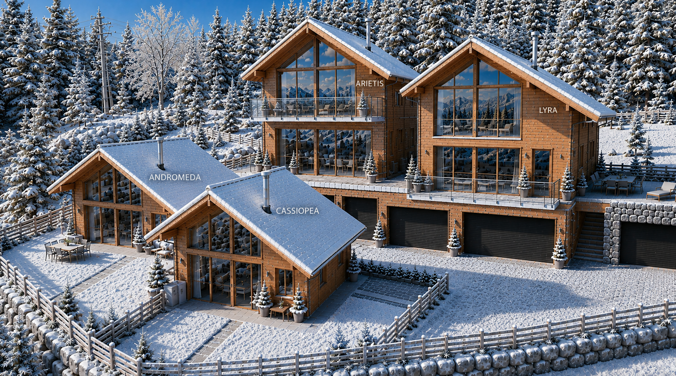 Snow-covered wooden chalet-style houses with large glass windows, surrounded by snow-laden trees and fences in a mountainous winter landscape.