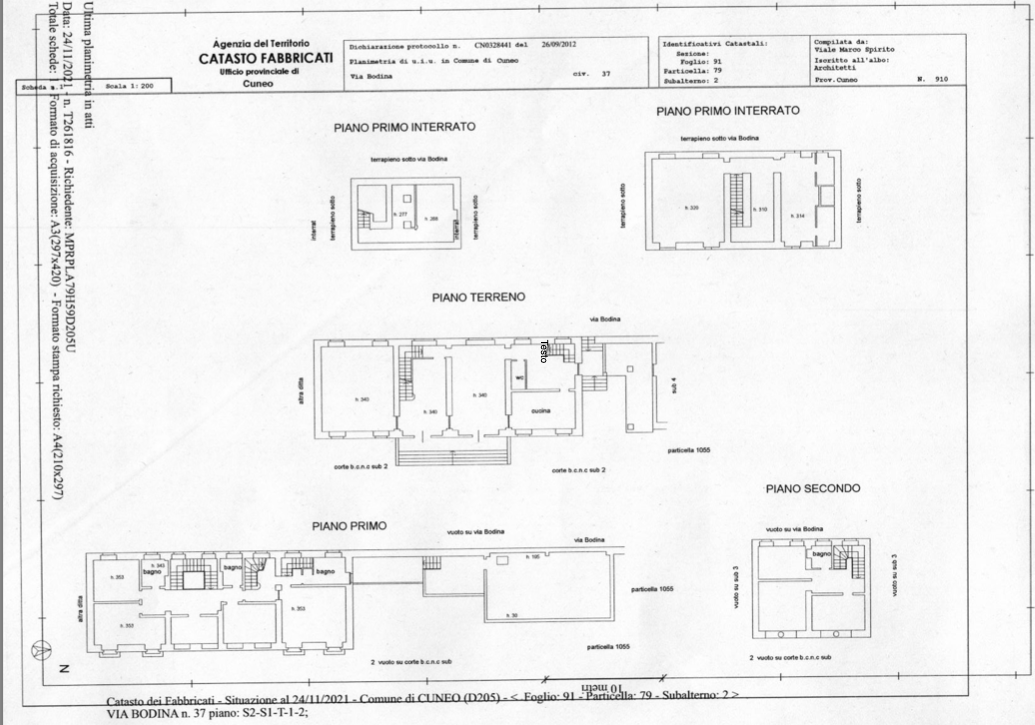 Architectural floor plan of a multi-story building, showing basement, ground, first, and second floors with rooms and staircases in Cuneo, Italy.