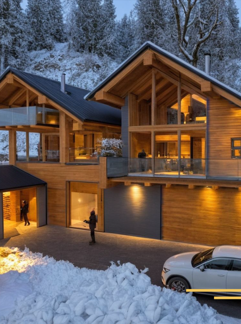 A modern wooden house with large windows and a balcony, set in a snowy landscape during twilight. There are people outside near the entrance, and a white car parked in the driveway.