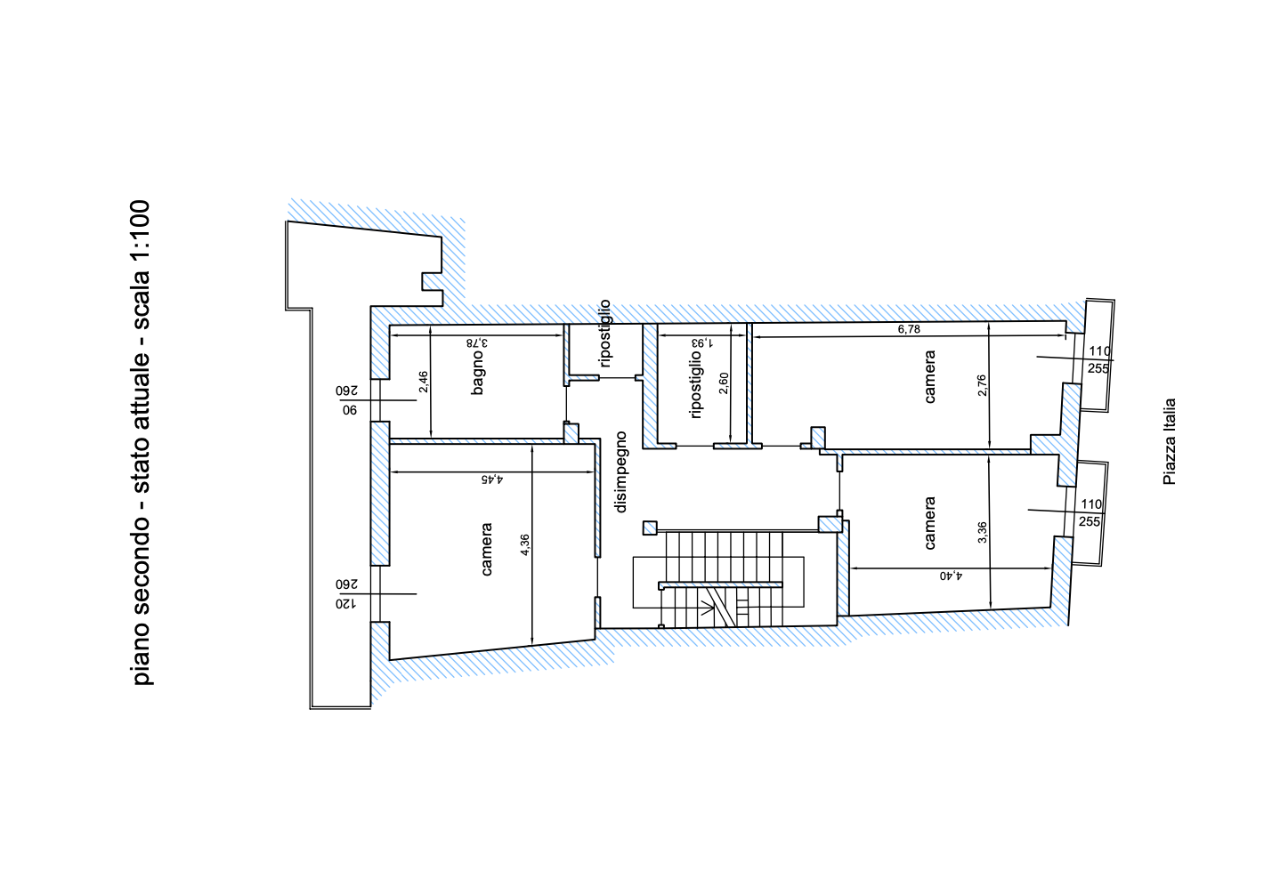 Architectural floor plan of an apartment with rooms labeled 'bagno,' 'ripostiglio,' 'disimpegno,' and 'camera,' along with measurements, walls, doors, and windows.