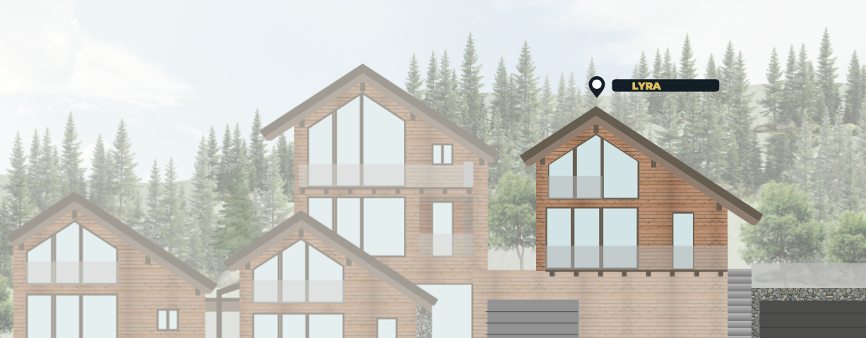 Digital illustration of multiple modern wooden houses with large glass windows in a forest setting. One house is marked with a label 'Lyra'.