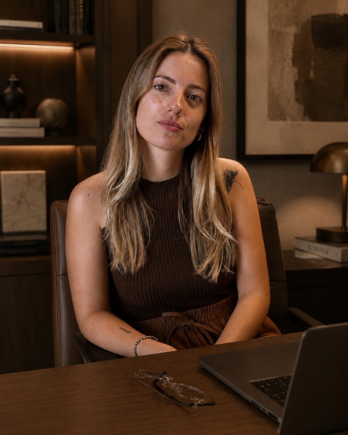 A woman with long blonde hair sitting at a wooden table near a laptop and glasses in a modern, warmly lit room with dark wood decor.