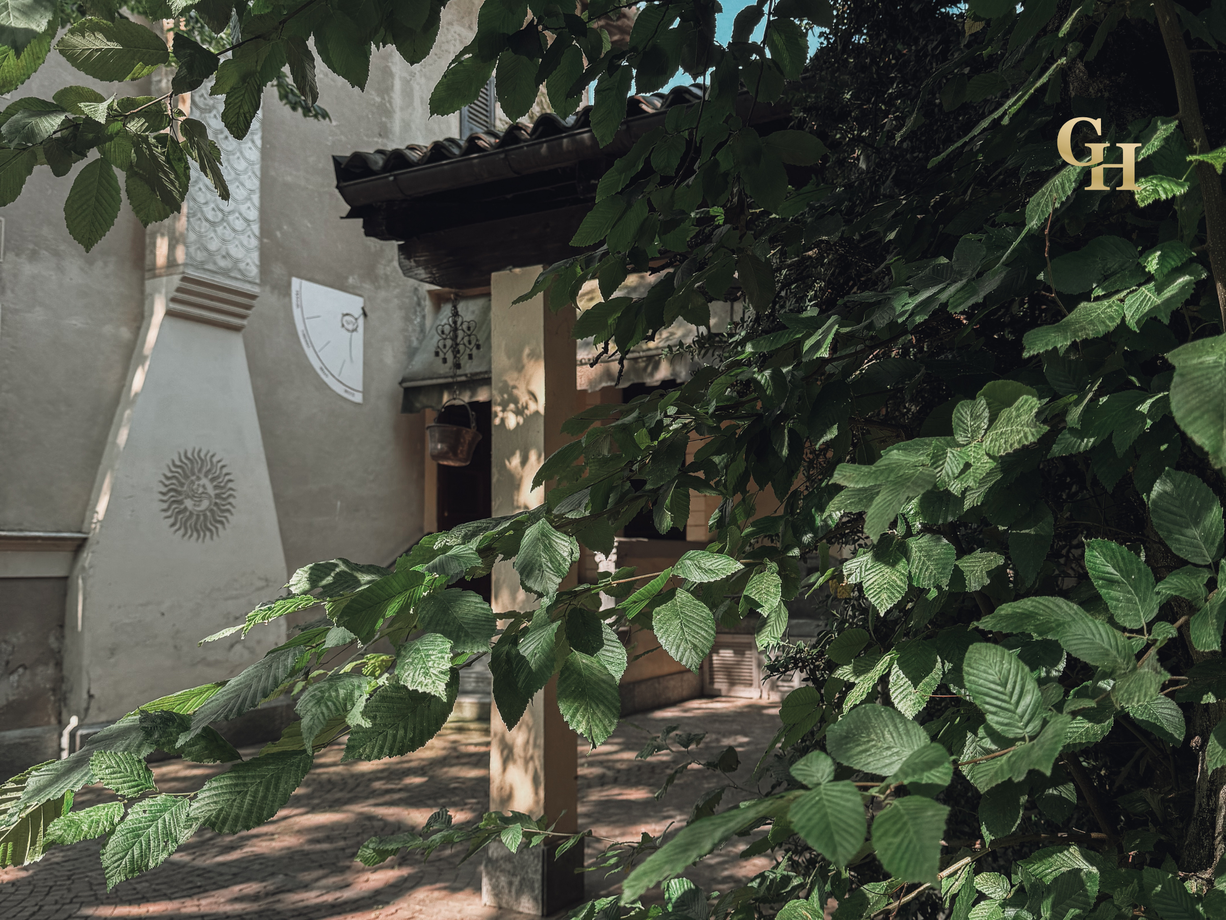A street scene with a building partially hidden behind dense green leafy trees, sunlight filtering through the leaves.