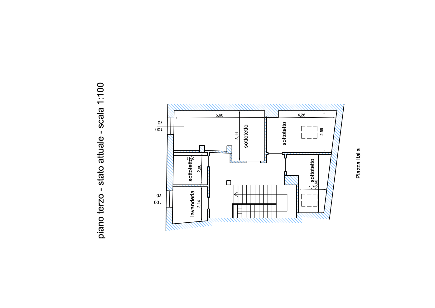 Floor plan of third floor with labeled rooms such as laundry room, several attic storage spaces, and an outdoor area labeled Piazza Italia.