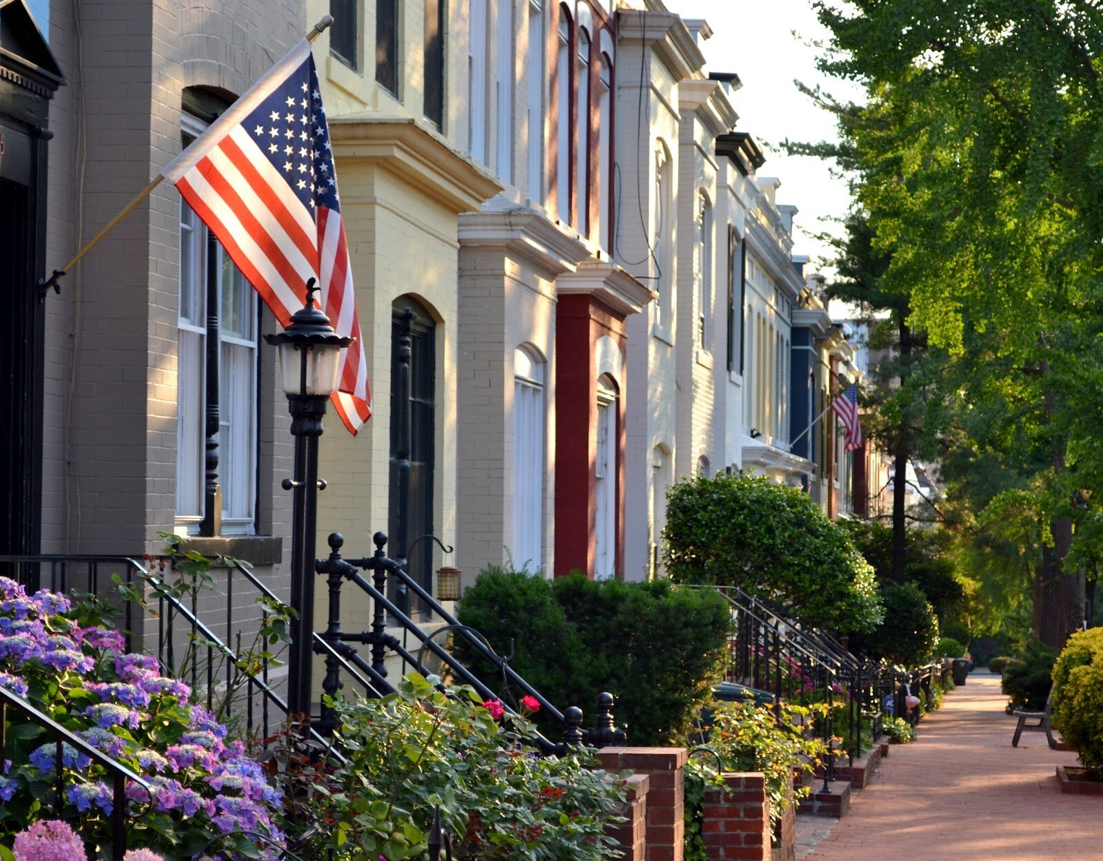 Row of colorful townhouses with American flags hanging outside, front stairs with black railings, and a sidewalk lined with green trees and blooming flowers.