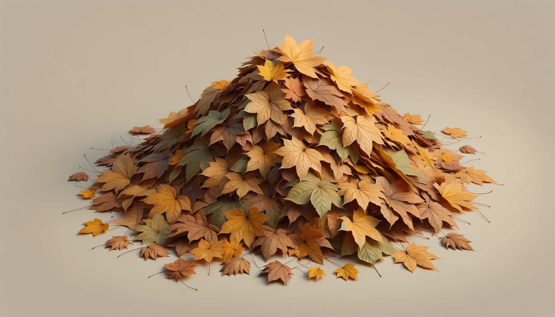 A large pile of dried maple leaves in various shades of yellow, orange, brown, and green, arranged in a mound on a plain, light-colored surface.